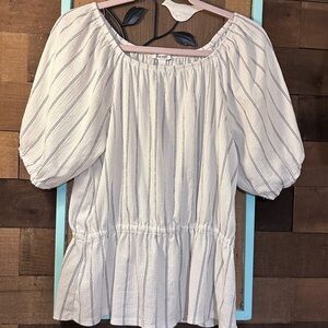 Nine West White/Black Striped Peasant Blouse with Puff Sleeves